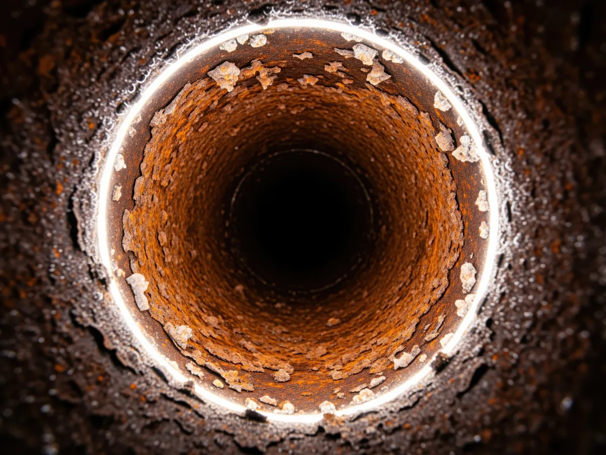 Inside of a corroded cast iron sewer pipe — heavy rust scale, tuberculation, and a narrowed channel