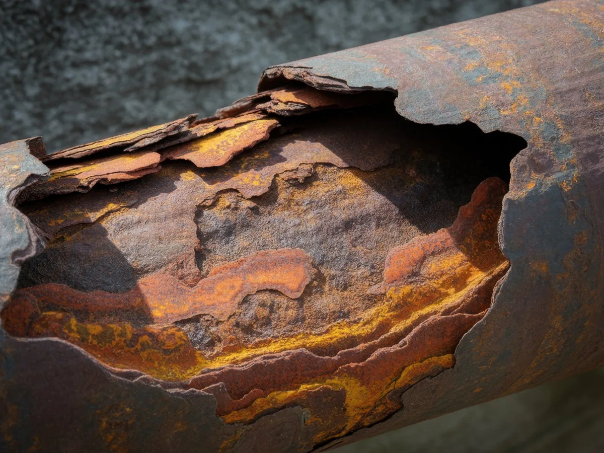 Cast iron drain line with channel rot along the bottom and flaking corrosion
