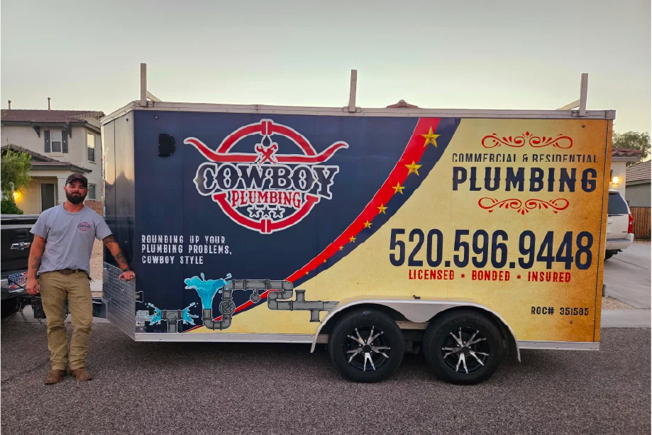 Cowboy Plumbing truck and trailer in Tucson